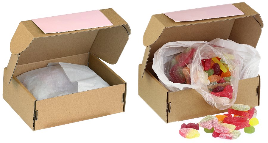 Sweet box showing internal wrapping and sweets