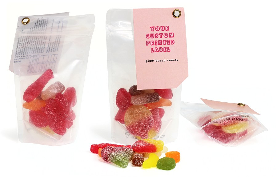 50g pouch of plant based sweets with a logo printed tag